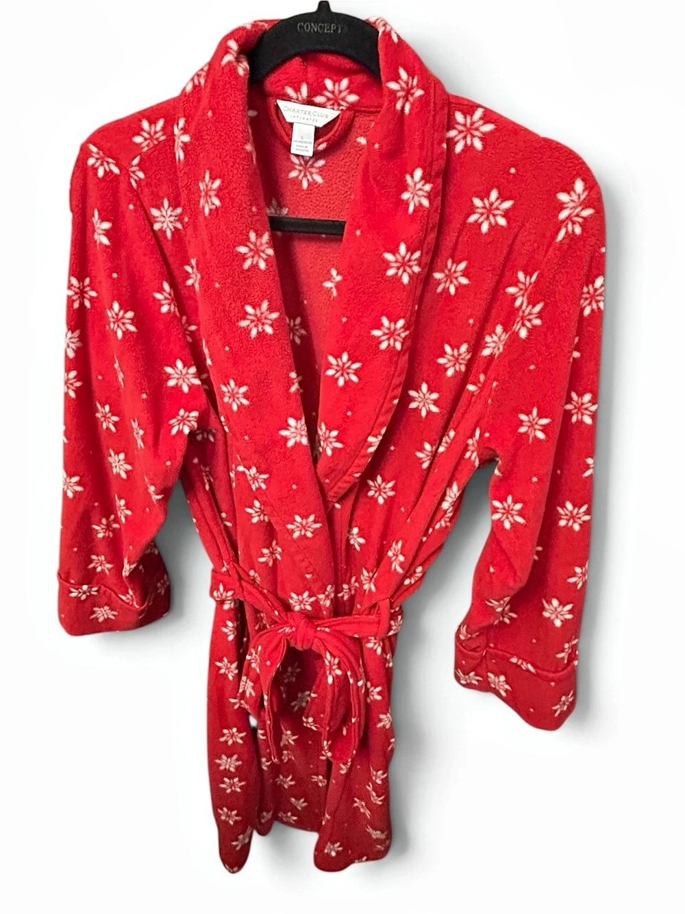Charter Club Floral Red Snowflake Fleece Robe SZ L EUC Cozy Loungewear Intimates